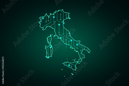 Map of Italy, network line, design sphere, dot and structure on dark background with Map Italy, Circuit board. Vector illustration. Eps 10