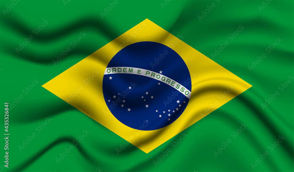 Fototapeta premium Abstract waving flag of Brazil with curved fabric background. Creative realistic waving flag of Brazil vector background