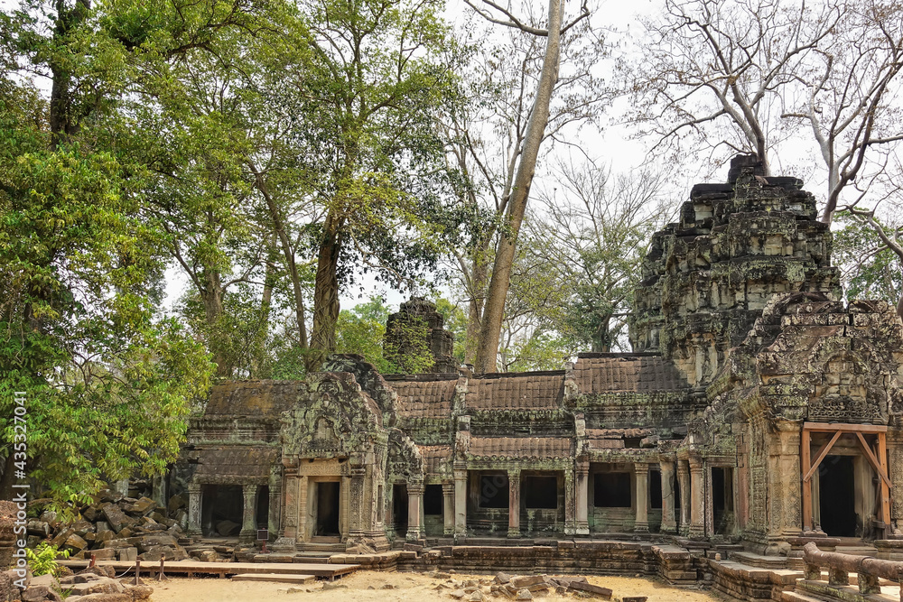 The ancient temple of Angkor is dilapidated. Colonnades, empty doorways are visible. Carvings and ornaments on the stones. Jungle all around. Branches of trees against the sky. Cambodia