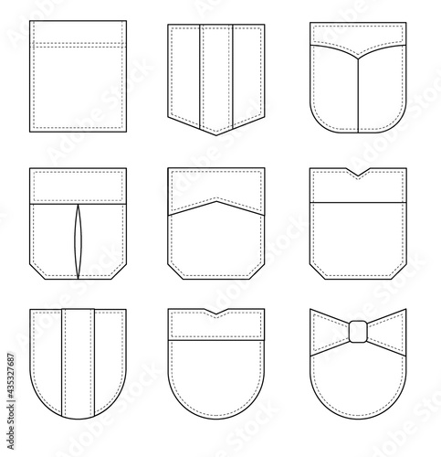 Patch pocket. Set of uniform patch pockets shapes for clothes, dress, shirt, casual denim style. Isolated icons.