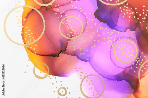 art photography of abstract fluid painting with alcohol ink, purple, orange, gold and pink colors