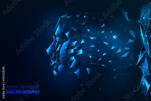 Abstract Digital Modern Futuristic Human Facial Crystal Side View Floating on Triangle Polygons as the Ground on Glowing Dark Blue Background Illustration Vector Template Design Concept