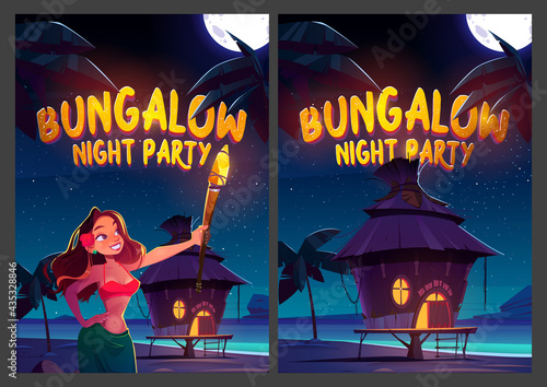 Bungalow night party cartoon posters. Young woman holding glowing torch on beach with hut under starry sky with moon on tropical resort. Beautiful girl relaxing at ocean shore, vector illustration