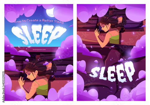 How to create a better sleep cartoon ad poster. Young woman lying on pillows in bed top view, dormant girl nap at home or hotel, relaxing and sleeping with fluffy clouds around, vector illustration