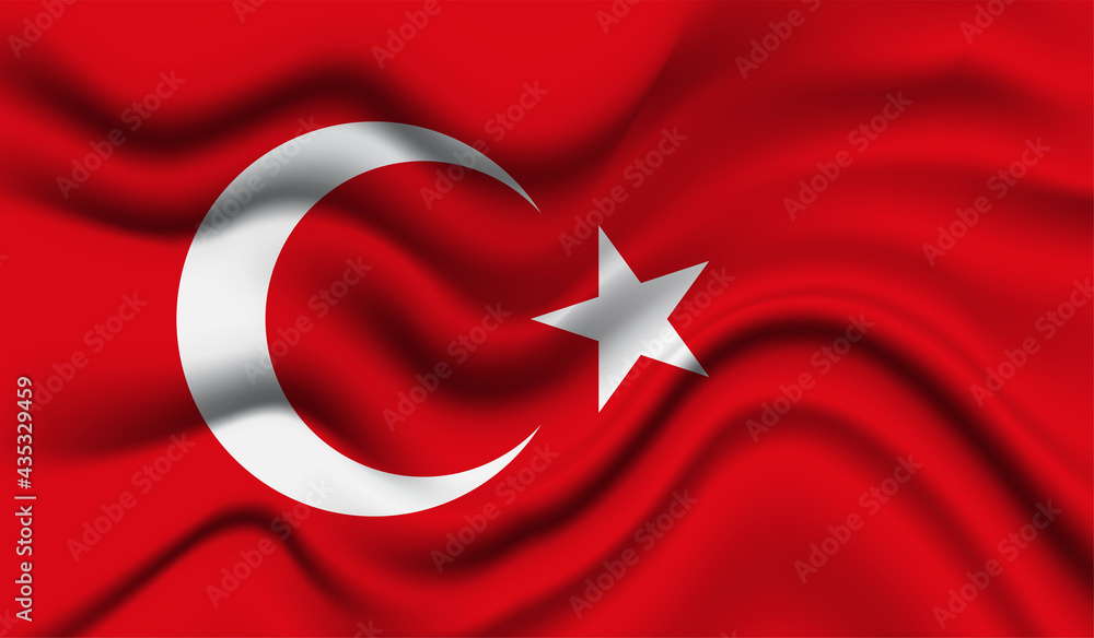 Abstract waving flag of Turkey with curved fabric background. Creative realistic waving flag of Turkey vector background
