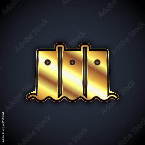 Gold Hydroelectric dam icon isolated on black background. Water energy plant. Hydropower. Hydroelectricity. Vector