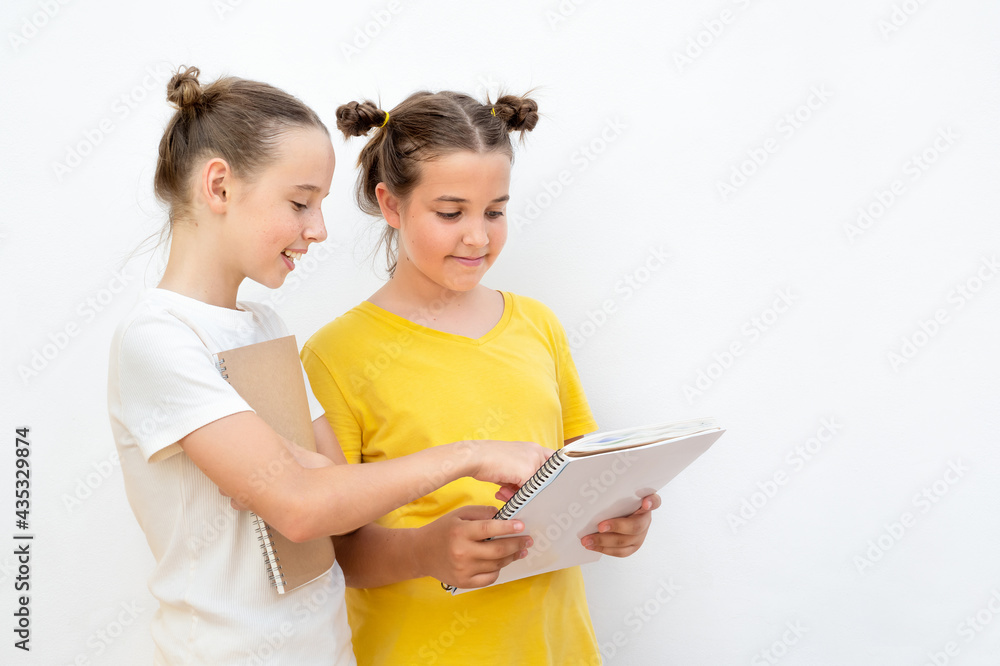 Two girls with textbook on the white background Two girls with textbook on the white background