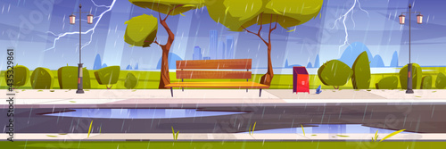 Storm with rain and lightning in city park with green trees and grass, wooden bench, puddles and town buildings on skyline. Vector cartoon summer landscape of empty public garden at rainy weather