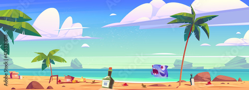 Dirty ocean beach with trash and scared shark in water. Concept of ecology problems and ocean pollution. Vector cartoon illustration of tropical sea sand shore with garbage, bottles and boxes