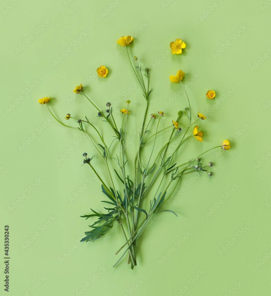 Beautiful delicate postcard with pattern of yellow buttercup flowers for holiday greeting or invitation.