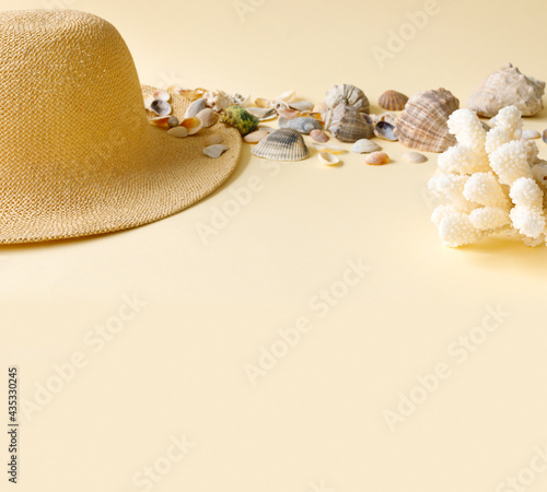  Beautiful straw hat with shells on the ocean coast. Nature summer background.