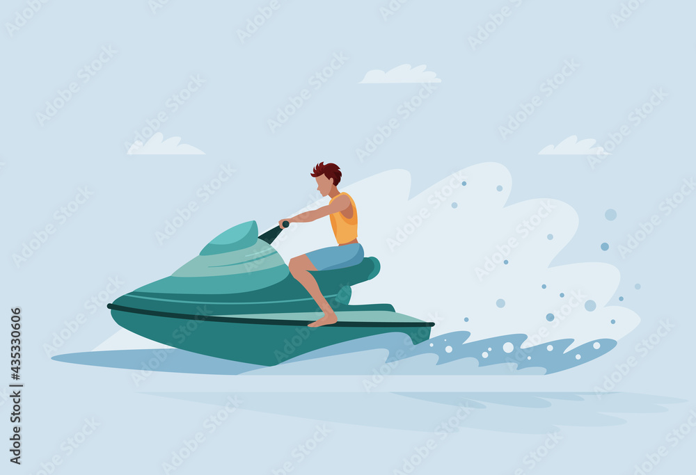 Young man rides jet boat scooter on sea waves. Concept of entertaining water sport. Vector illustration in flat style