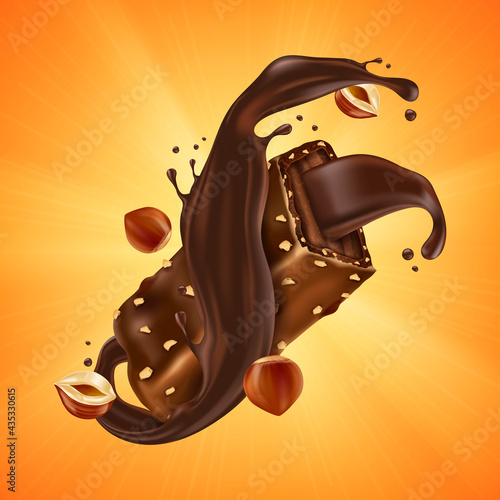 Sweet chocolate bar with hazelnut pieces and caramel on orange sunburst background. Vector realistic illustration of broken chocolate candy with crushed nuts and cocoa cream