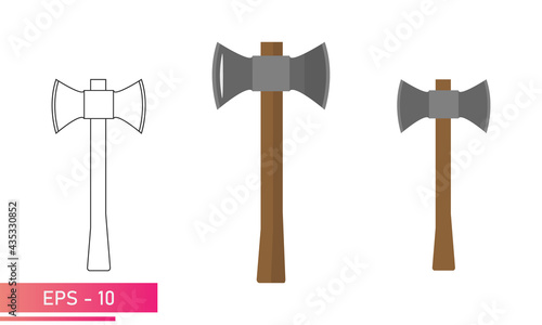 Set of axes with wooden handle, double-sided axe. Realistic and linear design. On a white background. Tools for the forester and woodcutter. Flat vector illustration.