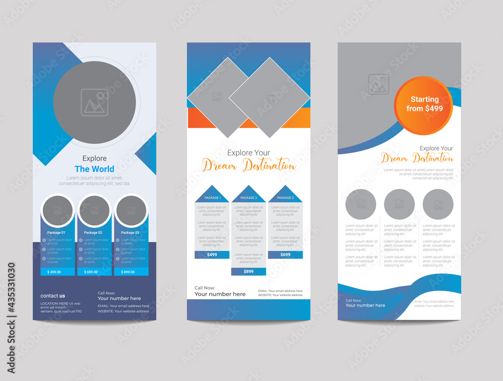 3 travel rack card .Colorful Modern Travel and Vacation Rack Card or Dl