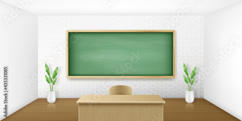 Classroom with green blackboard on white brick wall and wooden teacher table with chair. Empty chalkboard background for presentation, online conference or live stream, Realistic 3d vector concept
