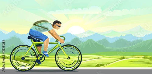 The boy rides a bicycle. Cycling. Fitness and healthy lifestyle. Flat cartoon style. Against the backdrop of the countryside with meadows and fields. Athletics. Illustration Vector