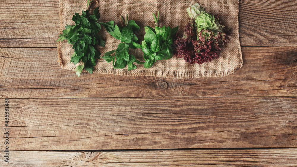 Gardening and healthy eating concept with different herbs and salad leaves Gardening and healthy eating concept with different herbs and salad leaves