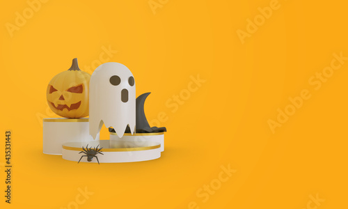 Halloween 3d rendering with ghost and pumpkin 3d.