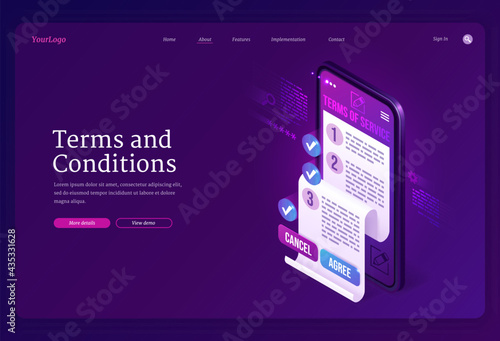 Terms and conditions isometric landing page. Business contract signing concept with document on smartphone screen, cancel and agree buttons. User agreement, legal notice service, 3d Vector web banner