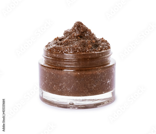 Jar with natural body scrub on white background