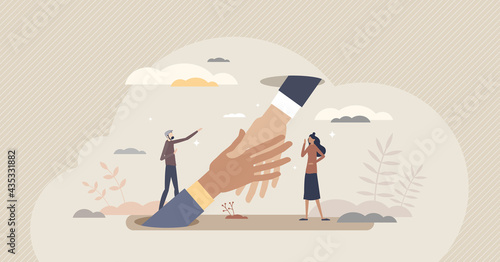 Support and help with advice or solution in job trouble tiny person concept. Giving hand in business difficulties from partners vector illustration. Assistance and unity as strong partnership work.