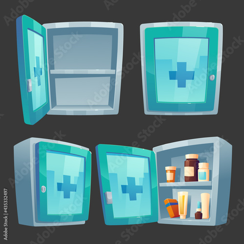 First aid kit, medicine box with pharmacy. Closed and open wall chest with drugs, pills packs and bottles on shelf. Full and empty pharmaceutical medical remedies storage, Cartoon vector illustration