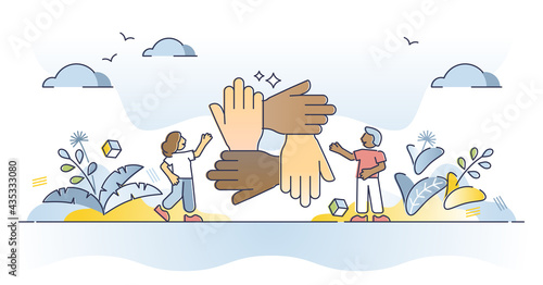 Solidarity and unity as connect multiracial people hands outline concept. Teamwork and social connection or bonding as international collaboration and support vector illustration. Trust and care scene
