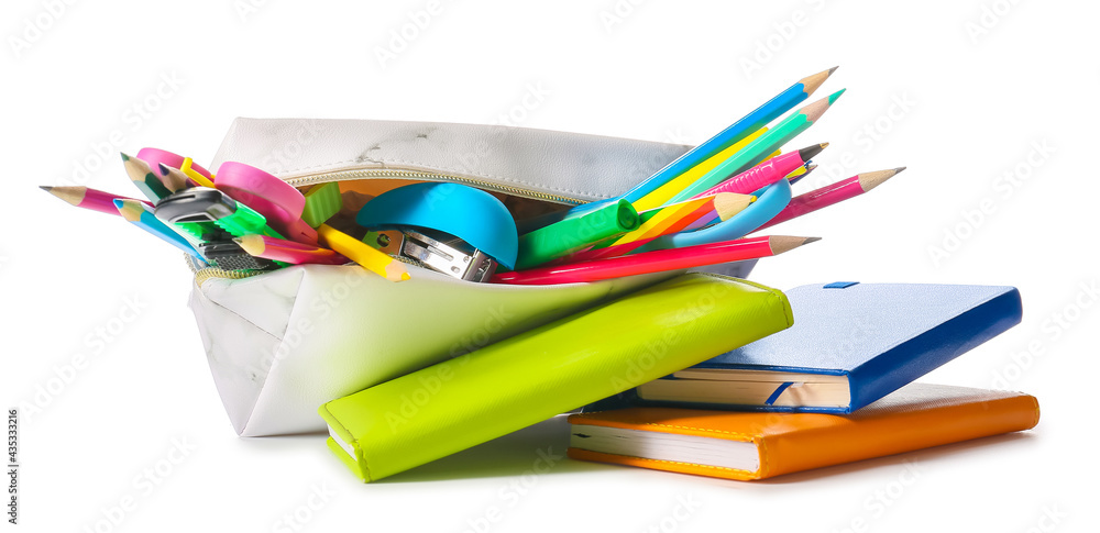 Fototapeta premium Pencil case with stationary on white background