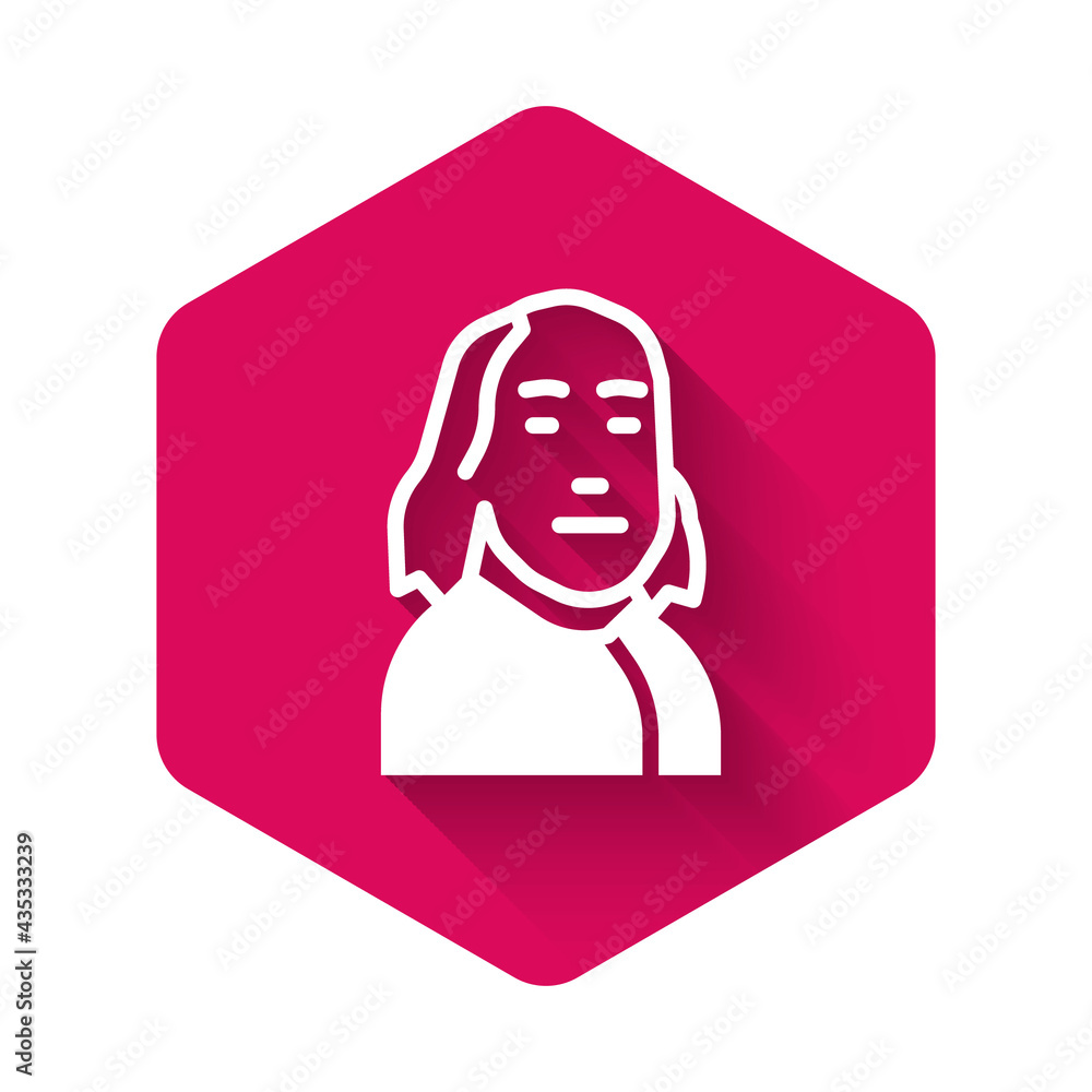 White Benjamin Franklin icon isolated with long shadow background. Pink hexagon button. Vector White Benjamin Franklin icon isolated with long shadow background. Pink hexagon button. Vector