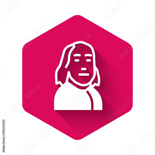 White Benjamin Franklin icon isolated with long shadow background. Pink hexagon button. Vector