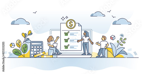 Payroll money statement and work salary payment balance outline concept. Financial wage calculation or job checkout analysis vector illustration. Annual tax billing receipt and budget planning process