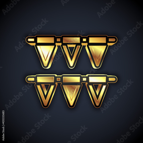 Gold Carnival garland with flags icon isolated on black background. Party pennants for birthday celebration, festival decoration. Vector