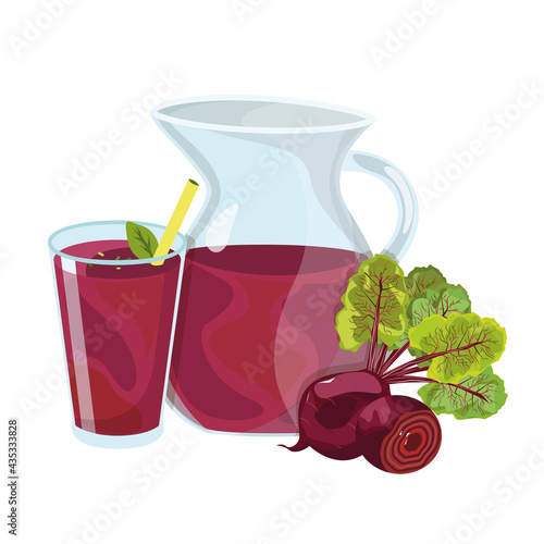 Jug and glass with beet juice, healthy vitamin drink, vector illustration of food