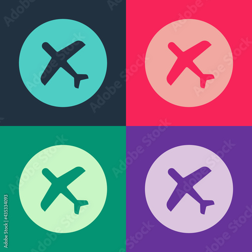 Pop art Plane icon isolated on color background. Flying airplane icon. Airliner sign. Vector