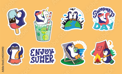 The set of stickers for summer holidays. Hand-drawn collection of cartoon animals