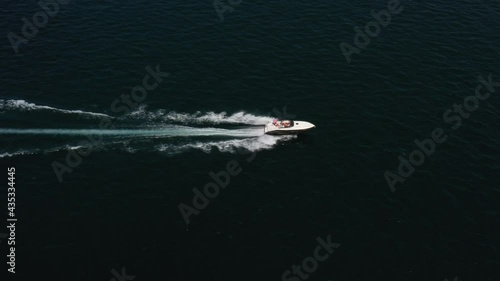 Wallpaper Mural White boat with an awning, moving on the water. Boat in motion top view, drone shooting. Large boat Torontodigital.ca