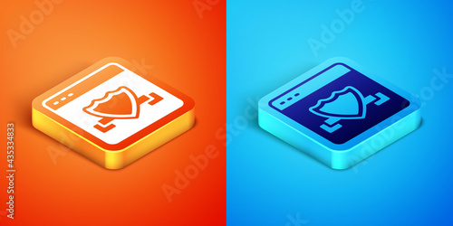 Isometric Browser with shield icon isolated on orange and blue background. Security, safety, protection, privacy concept. Vector