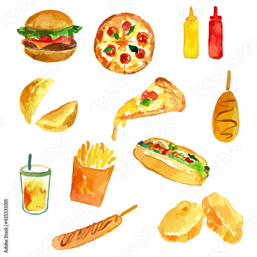 ピザやハンバーガー　手描きイラストセット
