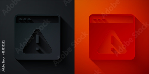 Paper cut Browser with exclamation mark icon isolated on black and red background. Alert message smartphone notification. Paper art style. Vector