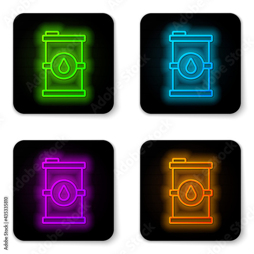 Glowing neon line Bio fuel barrel icon isolated on white background. Eco bio and canister. Green environment and recycle. Black square button. Vector
