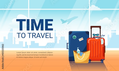 Vector flat illustration of empty waiting lounge or departure hall with tourist luggage and plane taking off on background. Airport terminal interior. Time to travel concept