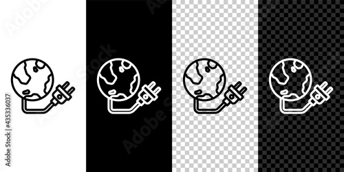 Set line Global energy power planet with plug icon isolated on black and white, transparent background. Ecology concept and environmental. Vector