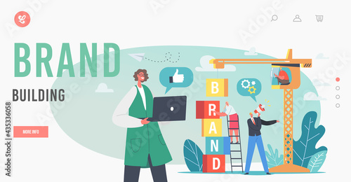 Brand Building Landing Page Template. Business Characters Work on Crane Create Corporate Identity, Company Personality
