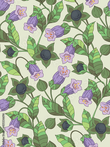 Seamless floral pattern with belladonna. Old fashioned poison plant print. Small purple flowers, dark berries, leaves are attached to a continuous vine. Botanical vector illustration.