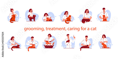 Treatment, pet care concept. Veterinarian in uniform with a cat. Set of vector illustrations in flat cartoon style. photo