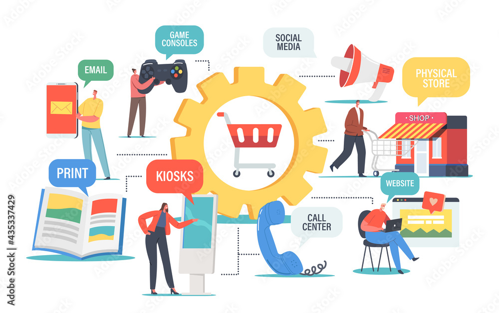 Omnichannel Concept, Several Communication Channels Between Seller and Customer. Digital Marketing, Online Shopping Omnichannel Concept, Several Communication Channels Between Seller and Customer. Digital Marketing, Online Shopping