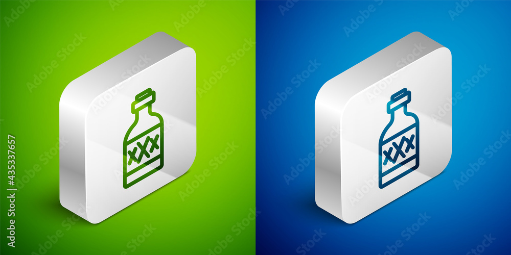 Isometric line Tequila bottle icon isolated on green and blue background. Mexican alcohol drink. Silver square button. Vector Isometric line Tequila bottle icon isolated on green and blue background. Mexican alcohol drink. Silver square button. Vector