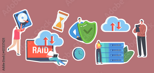 Set of Stickers Characters in Data Center, Laptop with RAID, Redundant Array of Independent Disks Storage, Backup