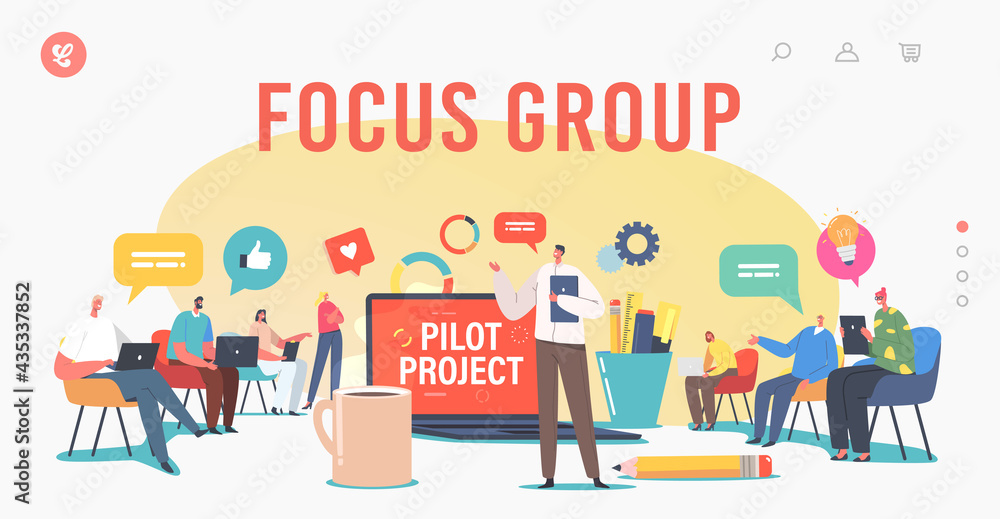 Focus Group Landing Page Template. Director and Employees Meet. Tiny Businesspeople around Huge Laptop Discuss Project